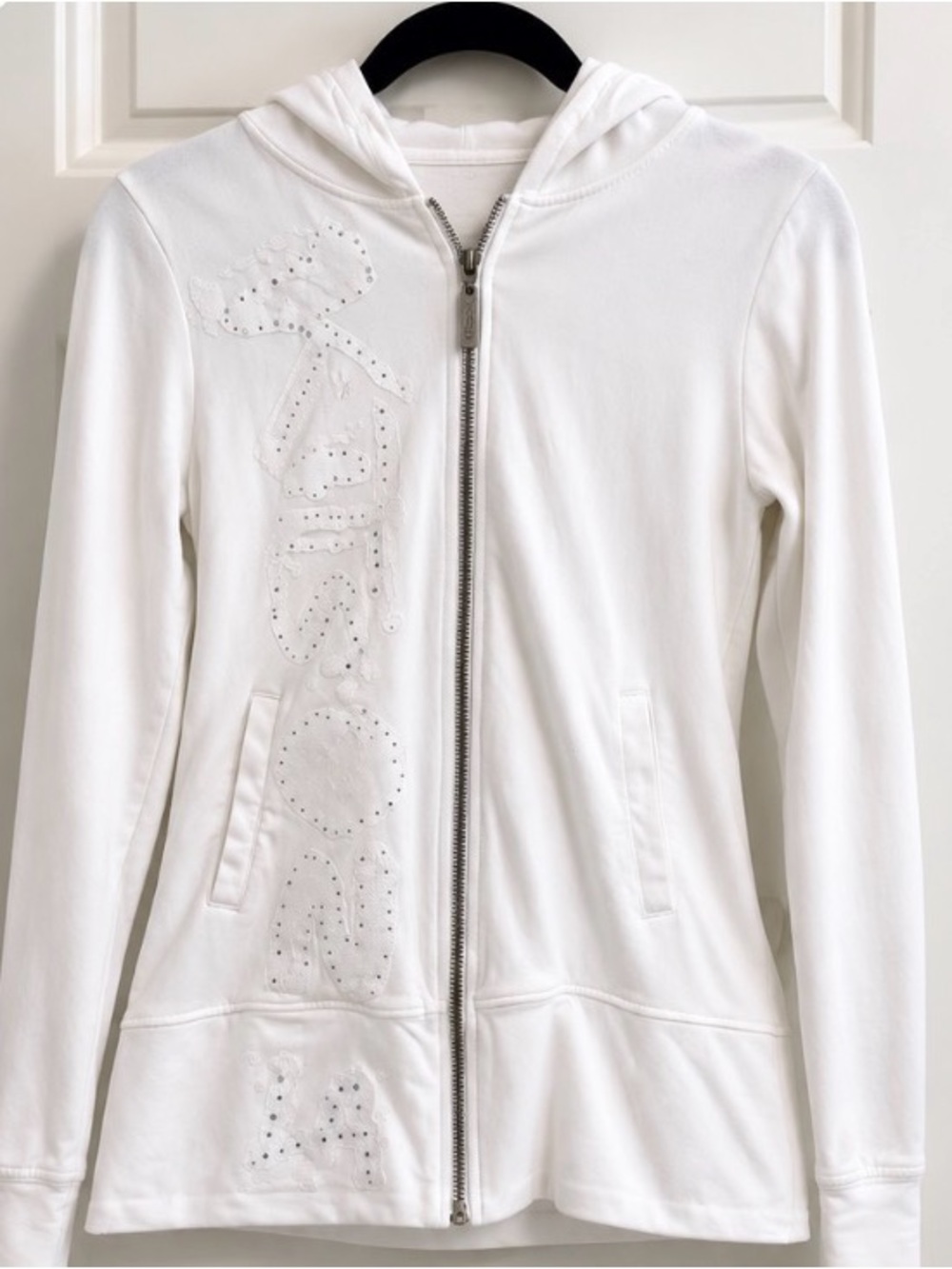 Kitson LA White Zip-Up Hoodie | Rhinestone Logo | Women's Medium
